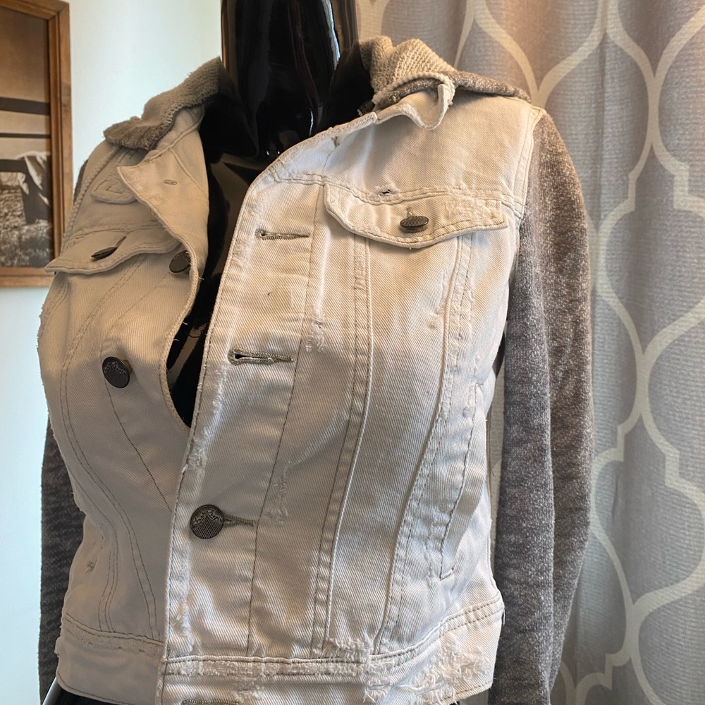 Free People Distressed Jean White Jacket Denim with Heather Gray Women's Size XS